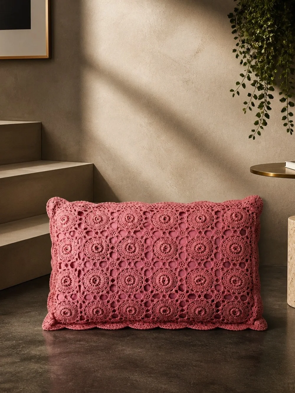 1970s Vintage Crocheted Rose Pink Decorative Standard Sham Pillow Cover